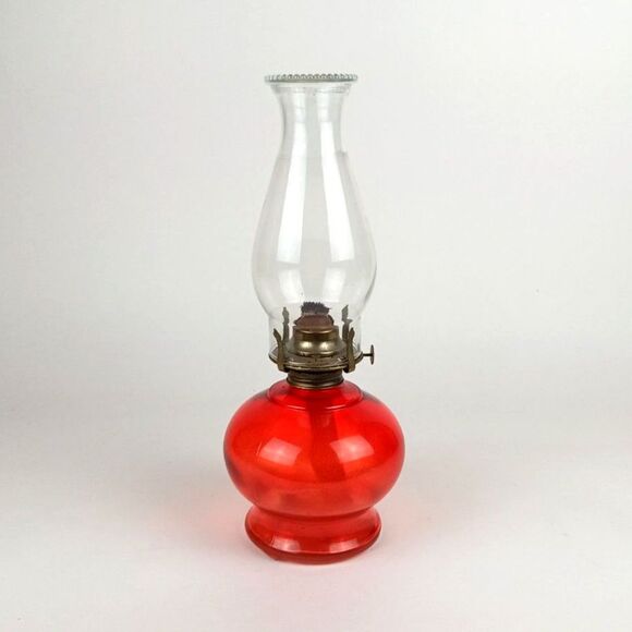 Unique Vintage Candy Red Oil Lamp With Clear Glass Chimney Fully Functional - Picture 1 of 9